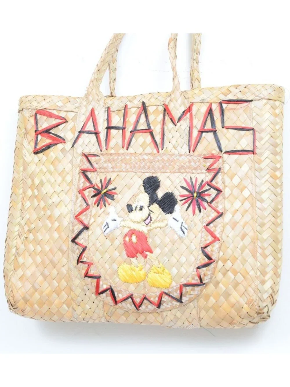 Vintage Bahamas Disney's Mickey Mouse Woven‎ Straw Embroidery Tote Bag Purse